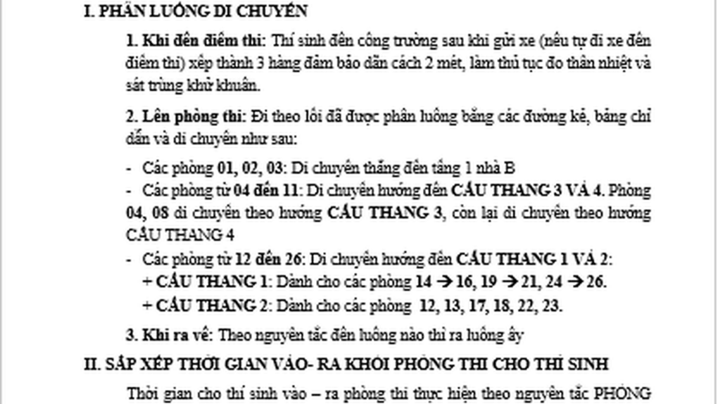 Hướng dẫn phân luồng di chuyển và thời gian vào - ra khỏi phòng thi kỳ thi tuyển sinh lớp 10 THPT năm học 2021-2022 (Áp dụng trong các ngày 12-13/6/2021)