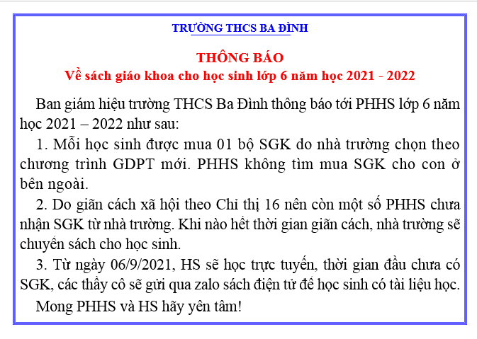 Trường THCS Ba Đình thông báo về SGK học sinh lớp 6 năm học 2021 - 2022