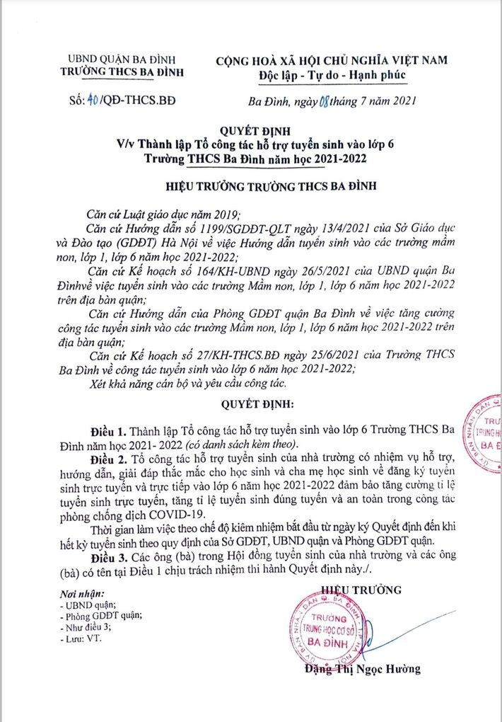 Quyết định về việc thành lập Tổ công tác hỗ trợ tuyển sinh lớp 6 trường THCS Ba Đình năm học 2021-2022