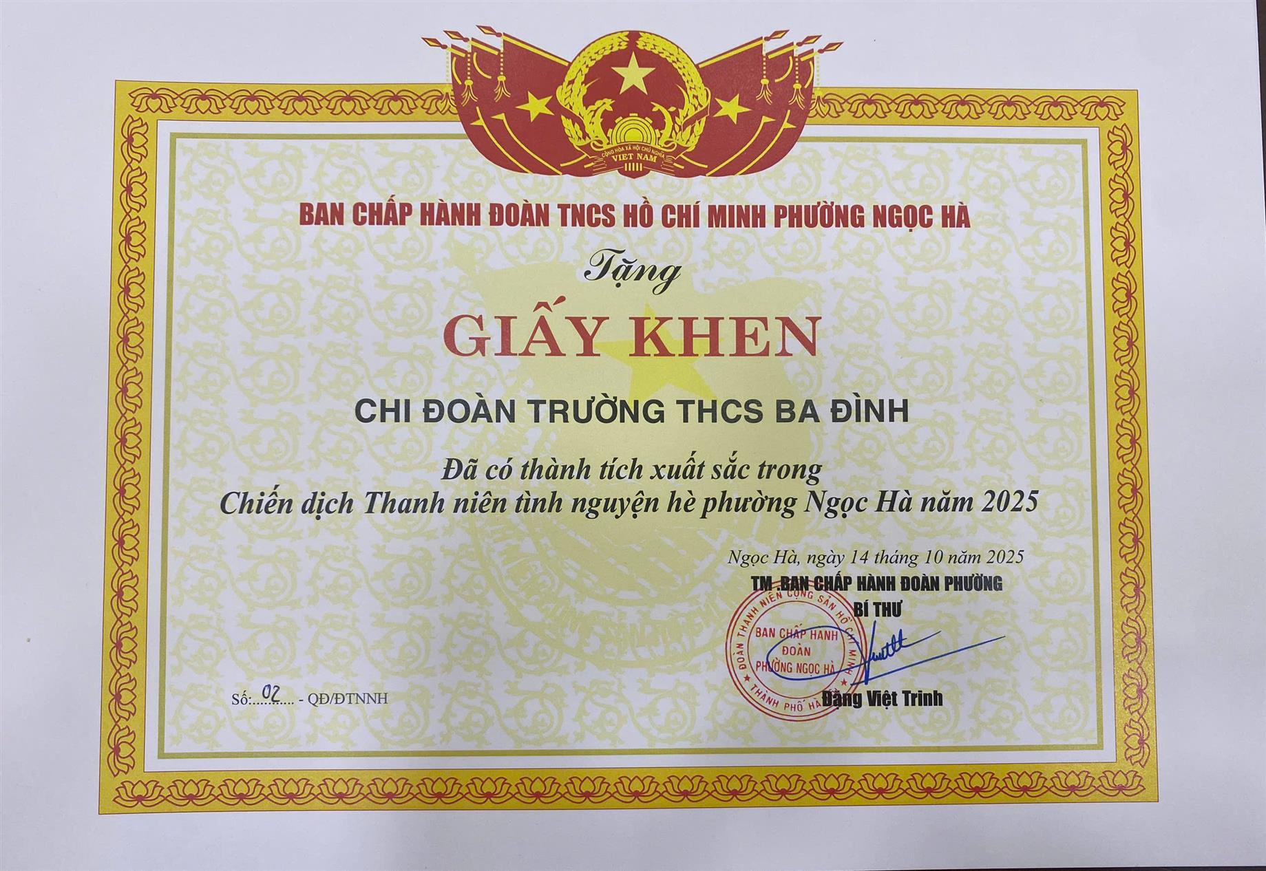 Chi đoàn trường THCS Ba Đình: Tập thể đoàn kết đạt thành tích xuất sắc trong chiến dịch Thanh niên tình nguyện hè phường Ngọc Hà năm 2025