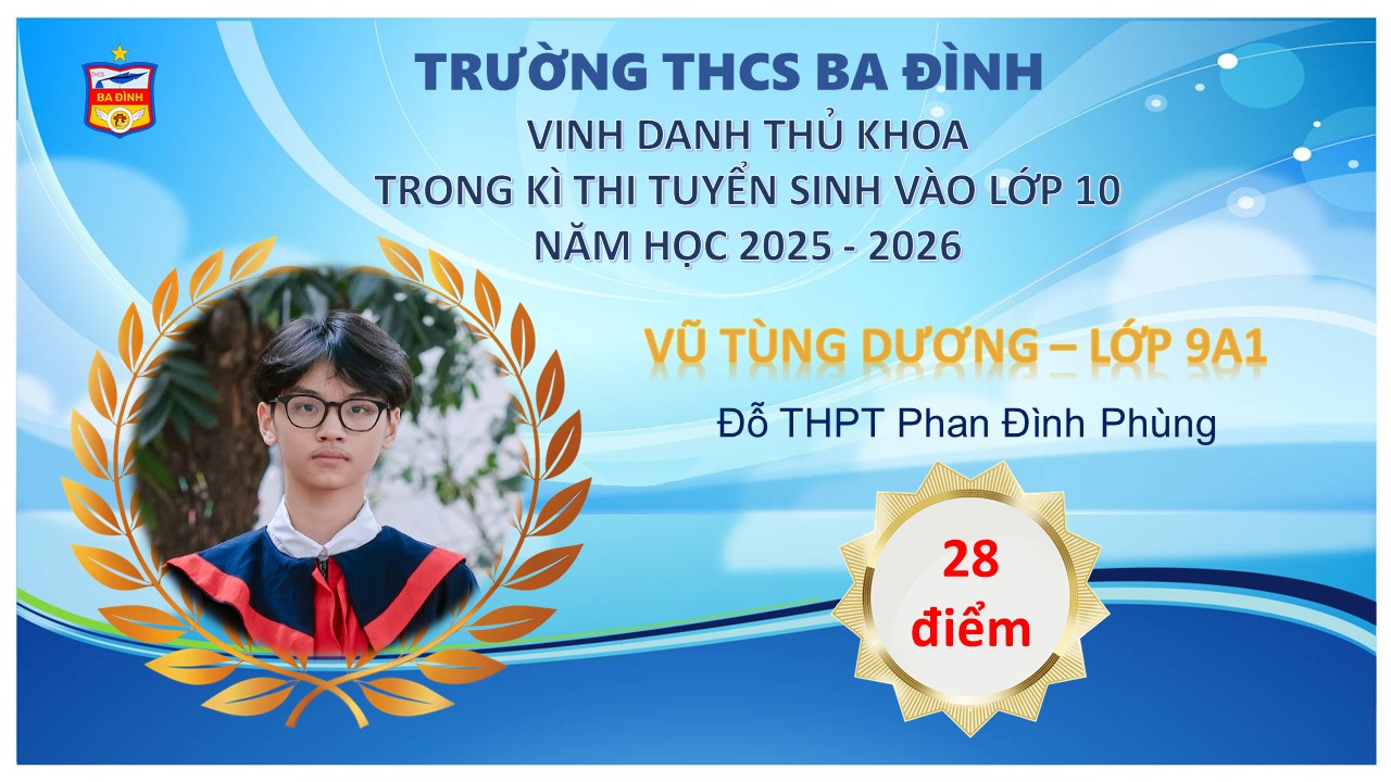 Vinh danh thủ khoa đầu ra của trường THCS Ba Đình: Học sinh Vũ Tùng Dương lớp 9A1 tỏa sáng trong kì thi vào lớp 10