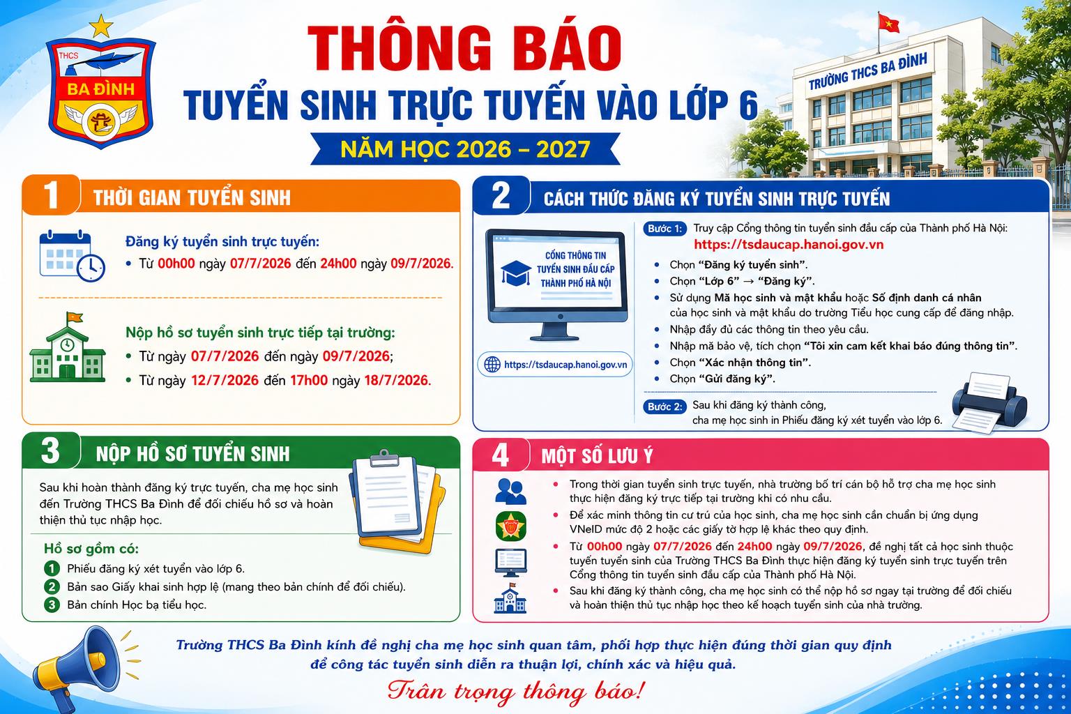 Trường THCS Ba Đình thông báo tuyển sinh trực tuyến vào lớp 6 năm học 2026 – 2027