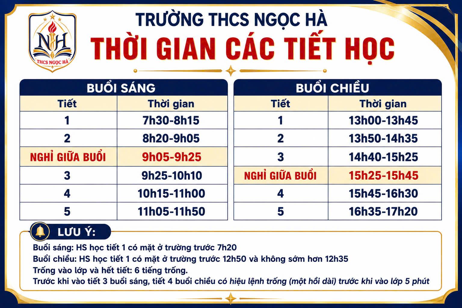 Trường THCS Ngọc Hà thông báo thời gian các tiết học năm học 2026-2027