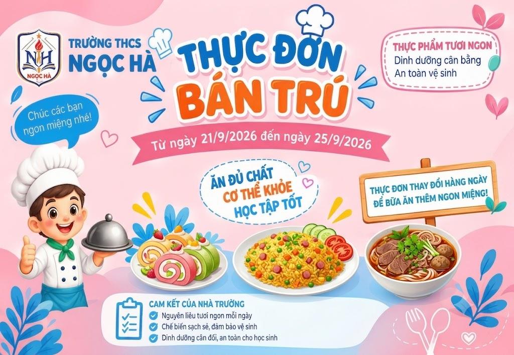 Thực đơn bán trú tuần từ ngày 21/9/2026 đến ngày 25/9/2026